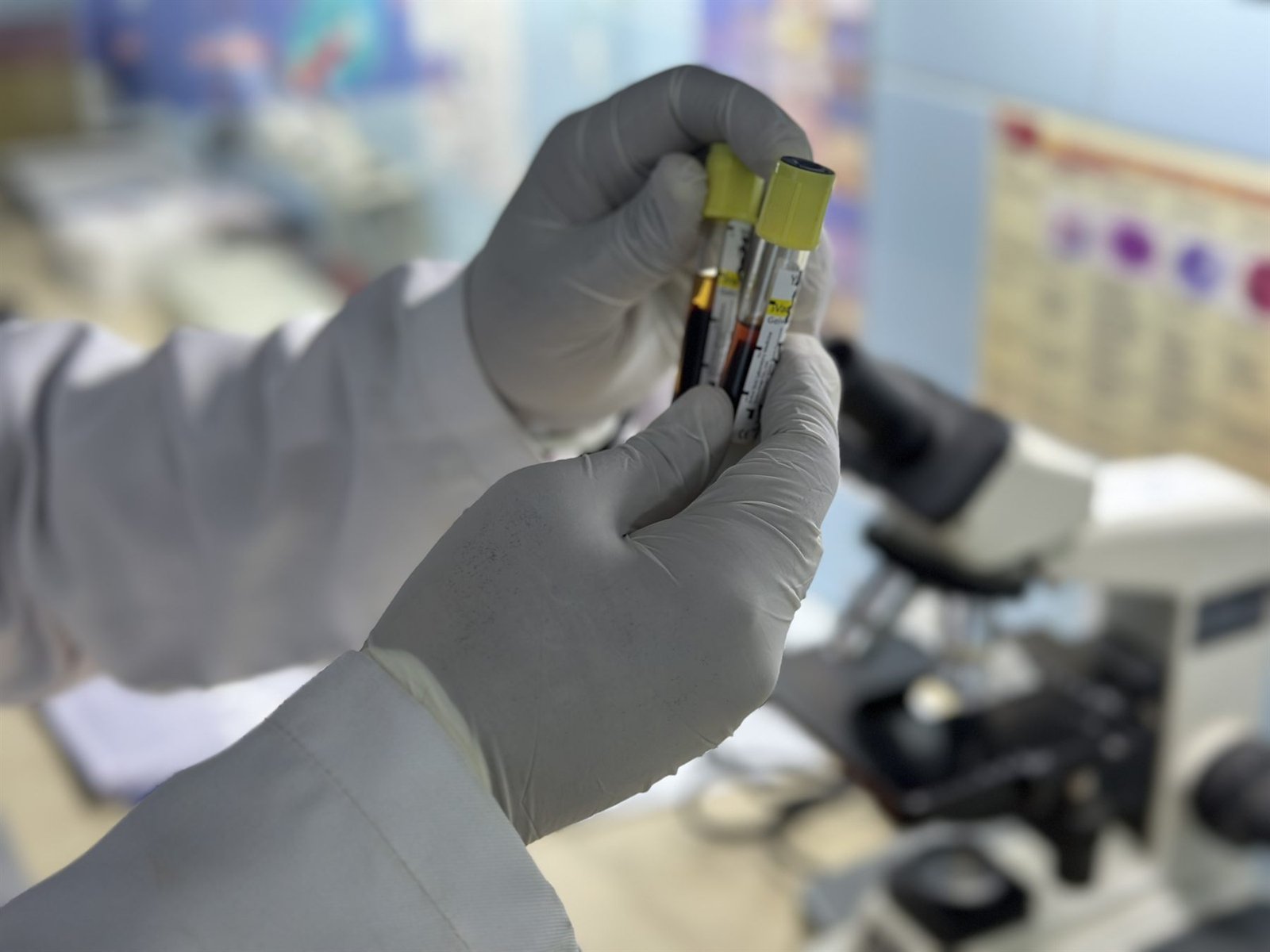 Gloved hands holding blood sample tubes in the PEBS Hospital Laboratory