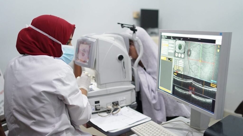 An OCT eye scan being taken at PEBS Hospital, Karachi