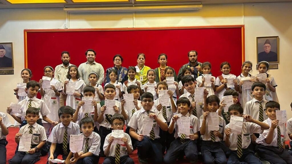 Children with their eye check results, PEBS School Eye Clinic
